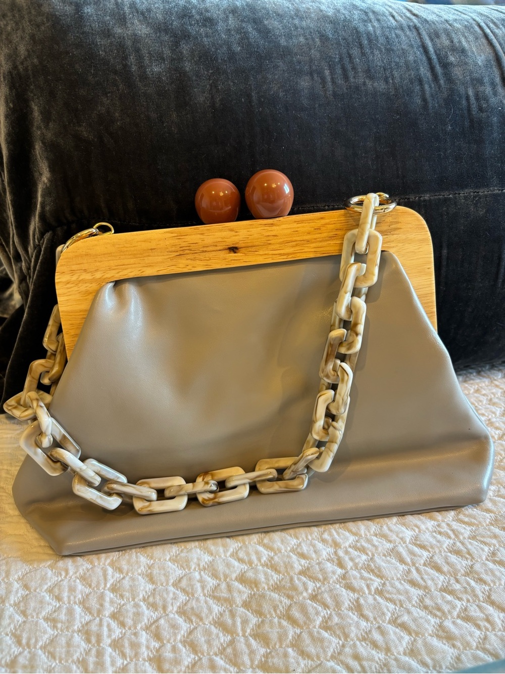 Neutral Taupe Faux Leather Frame  Shoulder Bag with Resin Chain